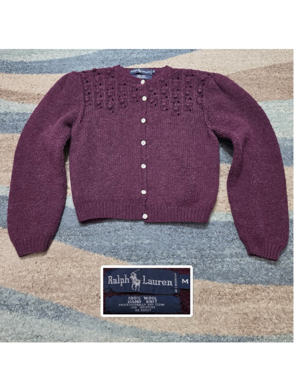 Ralph Lauren Hand Knit Wool Cardigan Medium Burgundy Button Front Sweater